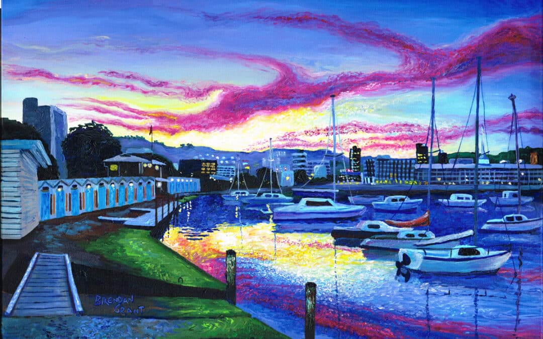 Sunset by Oriental Bay Boat Sheds, 2020