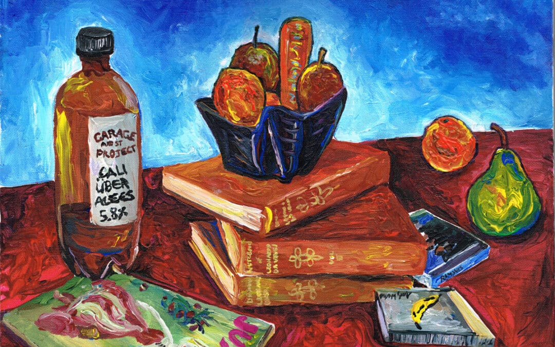 Still Life with books, fruit bowl, Beer Bottle