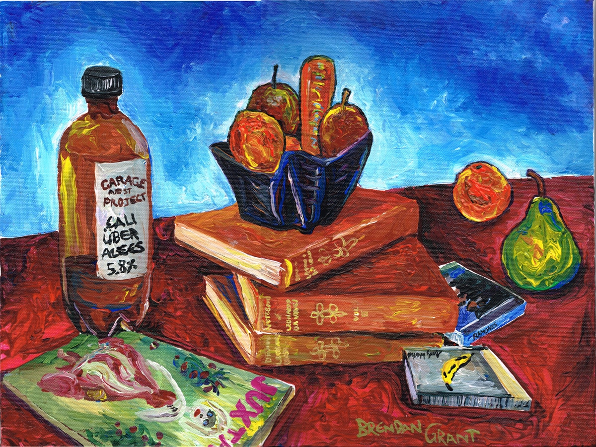 Still Life with books, fruit bowl, Beer Bottle